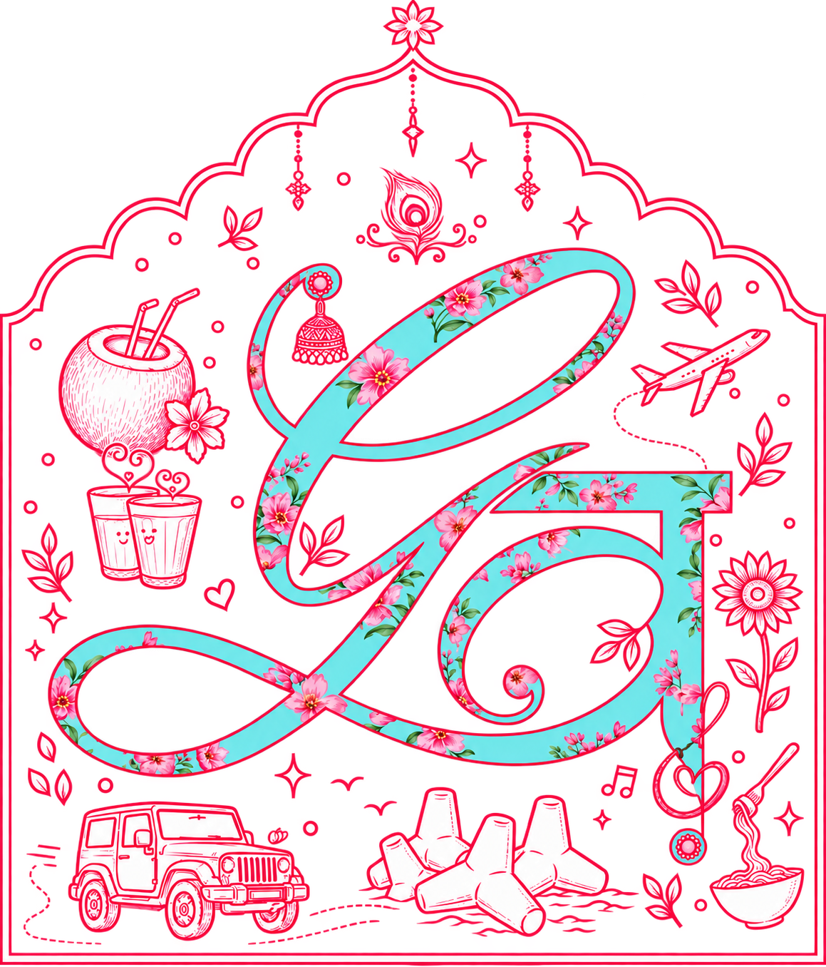 Gunjan and Vatsal wedding monogram with illustrated chai, coconut, Thar, tetrapods and noodles